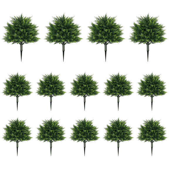 14 Pcs Outdoor Artificial Cedar Topiary Tree, 17.7 in / 45 cm Faux Evergreen Shrubs with 5.9 in / 15 cm Ground Insert, Lifelike Fake Bushes for Front Porch Decor, Indoor and Outdoor
