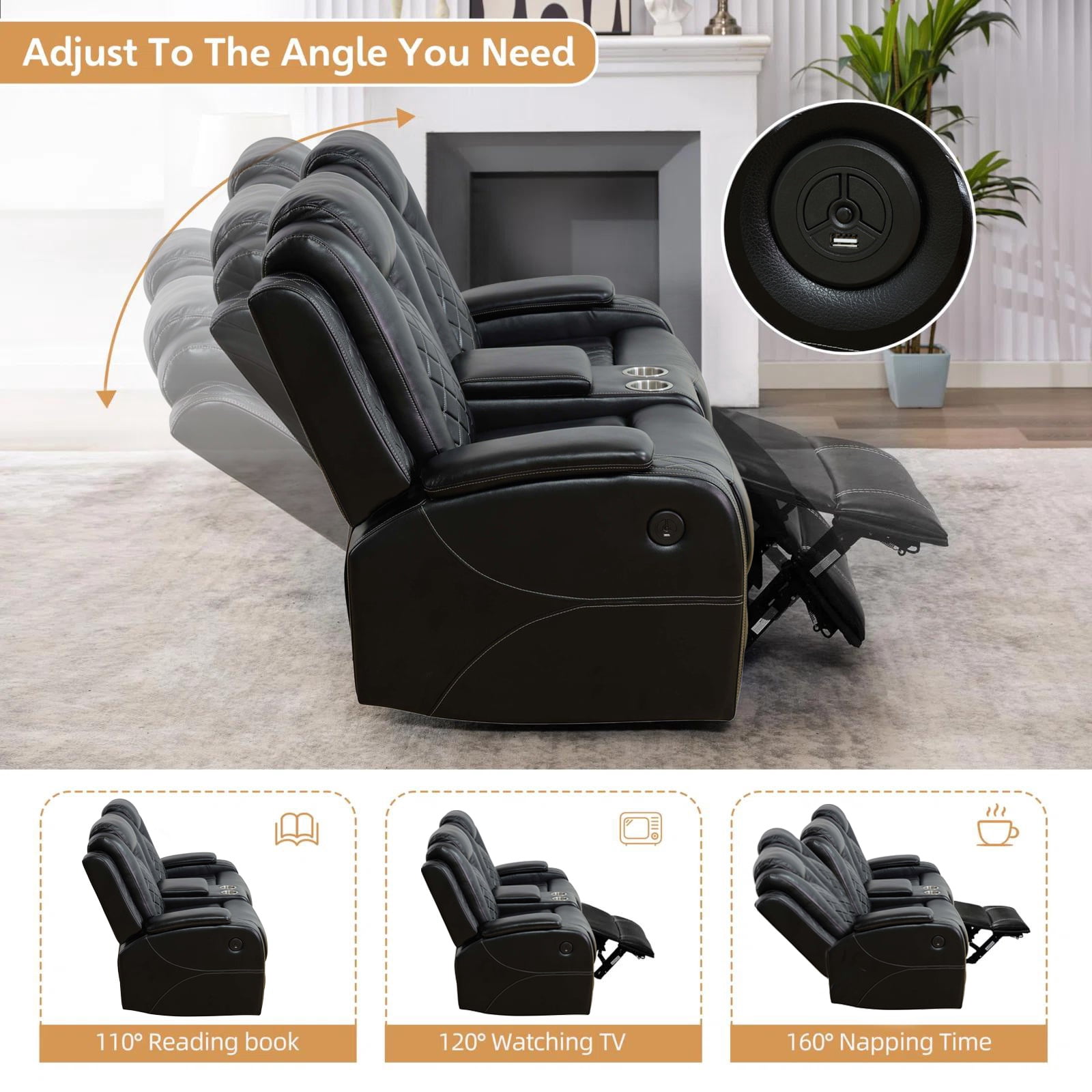Gewnee Power Loveseat Recliner Chair with 2-Seaters,Home Theater Seating with USB Ports,LED Lights,Hidden Storage and Cup Holders,Black