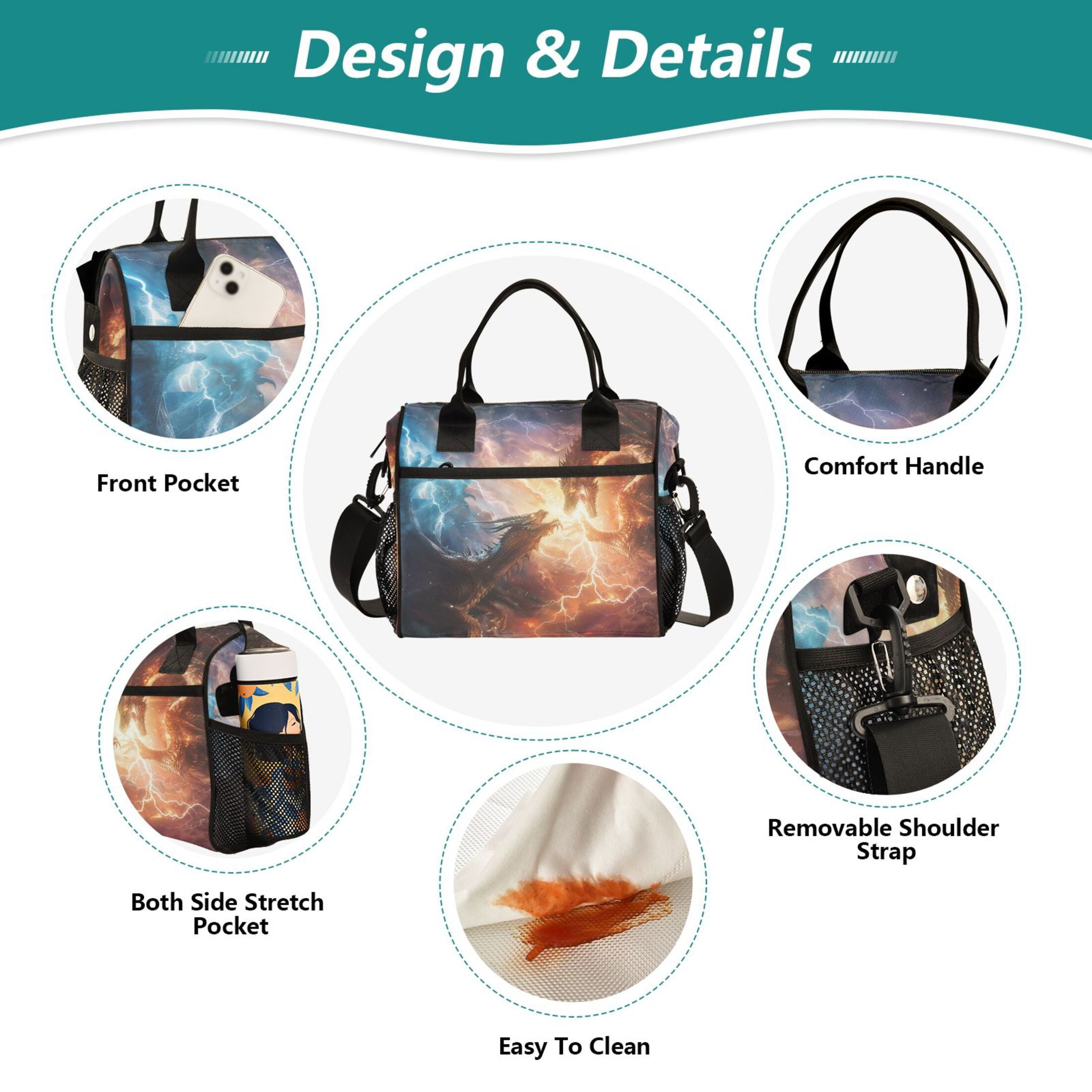 ALAZA Dragon with Fire Insulated Lunch Bag Reusable Tote Box Adjustable Shoulder Strap for Work Picnic