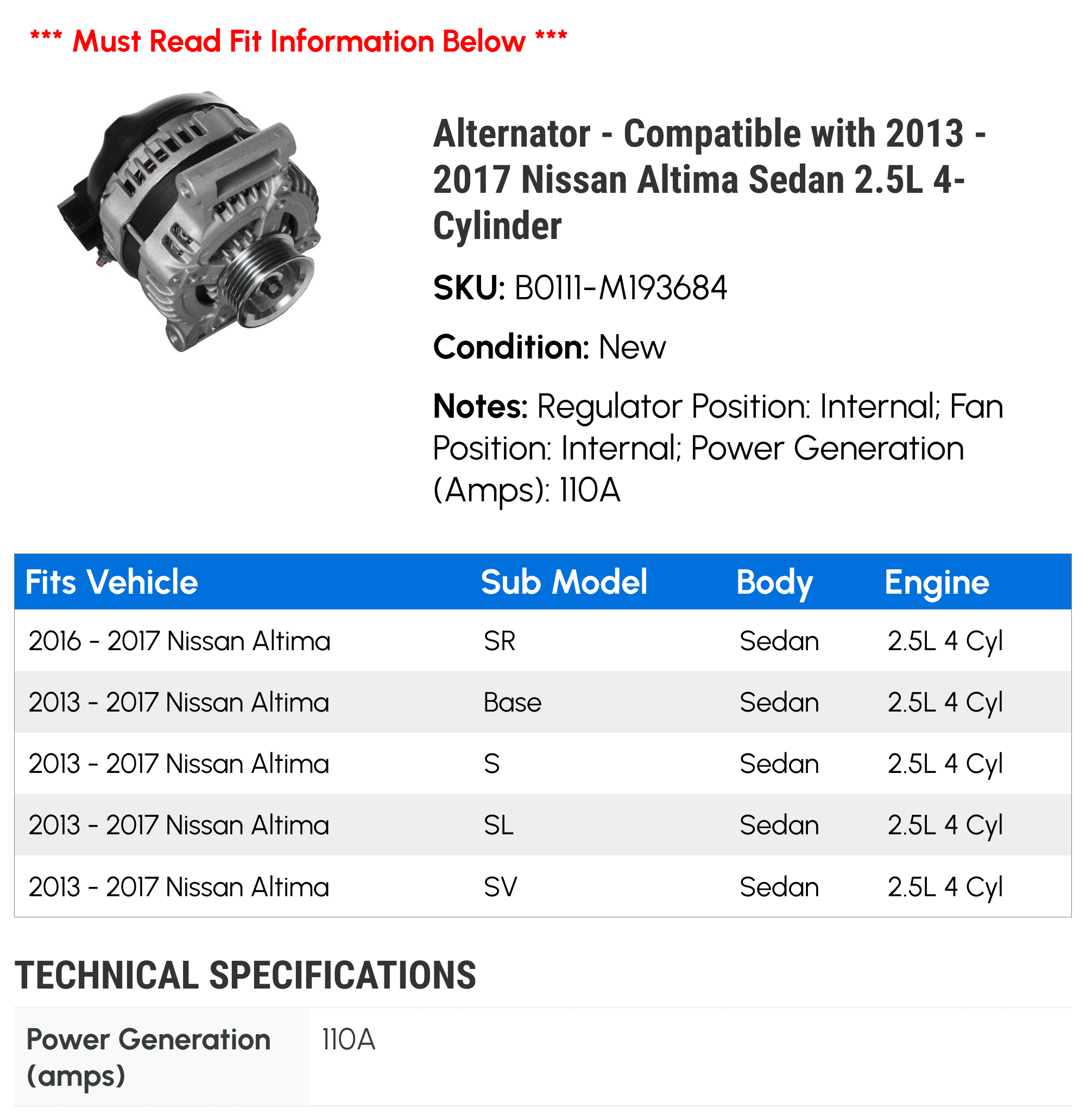 Alternator - Compatible with 2013 - 2017 Nissan Altima Sedan 2.5L 4-Cylinder 2014 2015 2016