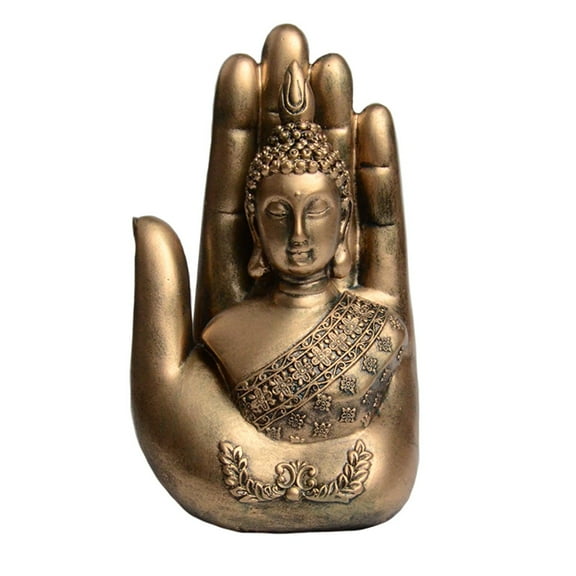 Thai Decor Palm Buddha Beautiful Handcrafted Antique Blessing Palm Buddha Idol Statue Decorative Showpiece (Gold)