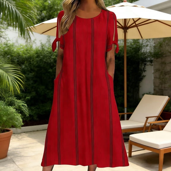 Ovbmpzd Red Casual Summer Dresses for Women Loose Fitting Striped Smocked Shift Tea-Length Crew Neck Summer Dresses for Women,S
