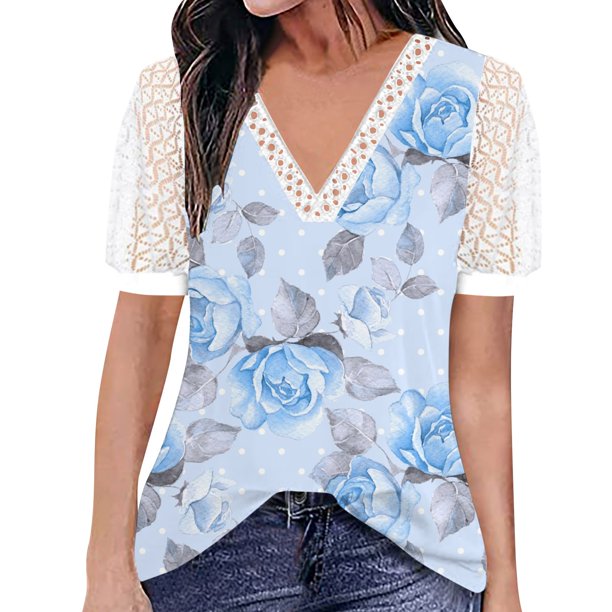 Gibobby Camisetas de verano para mujer Top manga corta con cuello en V encaje informal con estampado moda para mujer(Azul,XL)