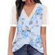 thumbnail image 1 of Gibobby Camisetas de verano para mujer Top manga corta con cuello en V encaje informal con estampado moda para mujer(Azul,XL), 1 of 4