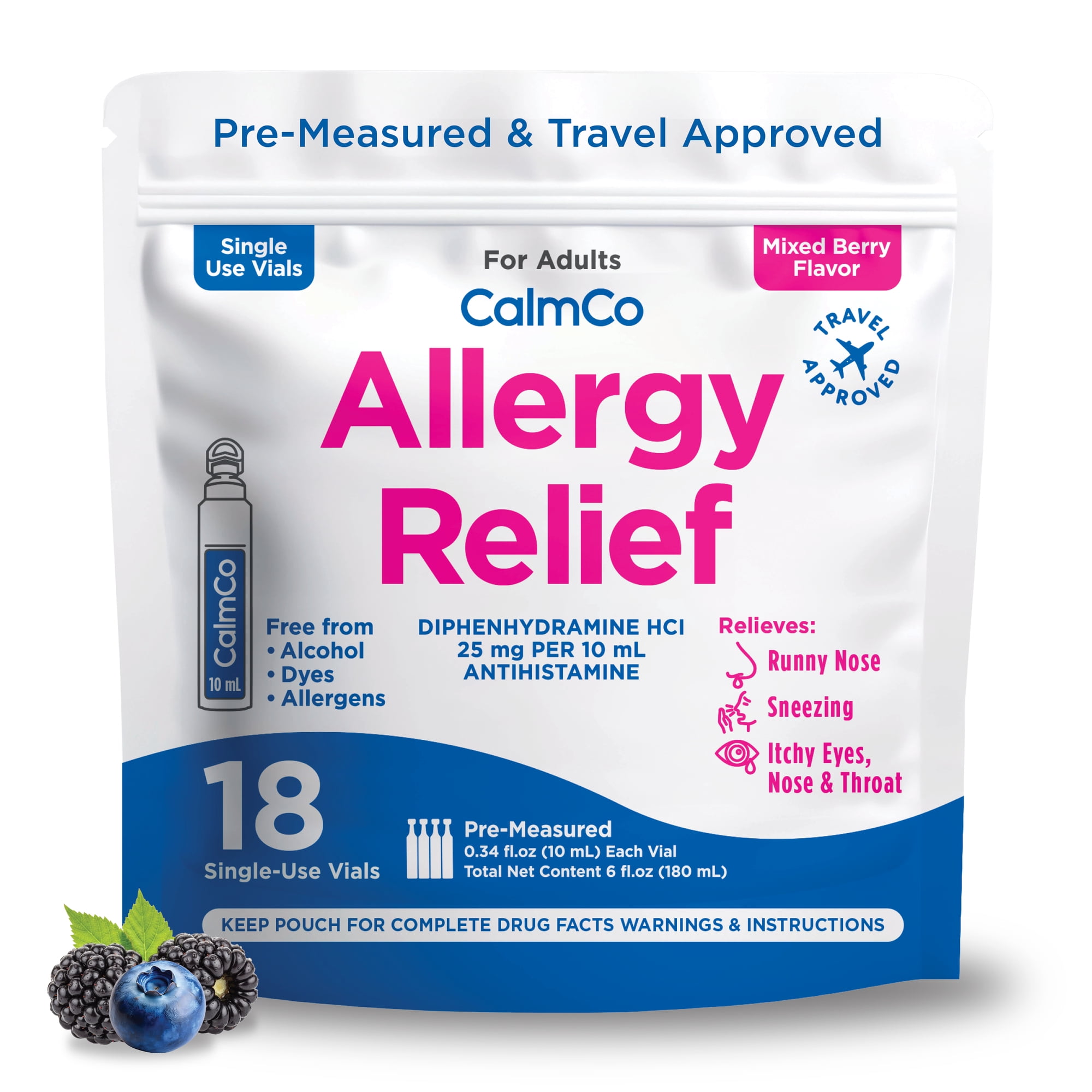 CalmCo Adult Liquid Allergy Relief Medicine, Mixed Berry Flavor, 18 Count | Pre-Measured Single-Use Vials with Diphenhydramine HCl 12.5 mg, Antihistamine for Sneezing, Runny Nose & Itchy Eyes