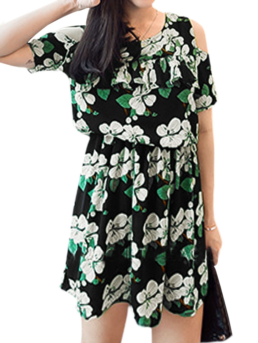 Unique Bargains Women Short Sleeves Cut Out Shoulder Floral Prints A