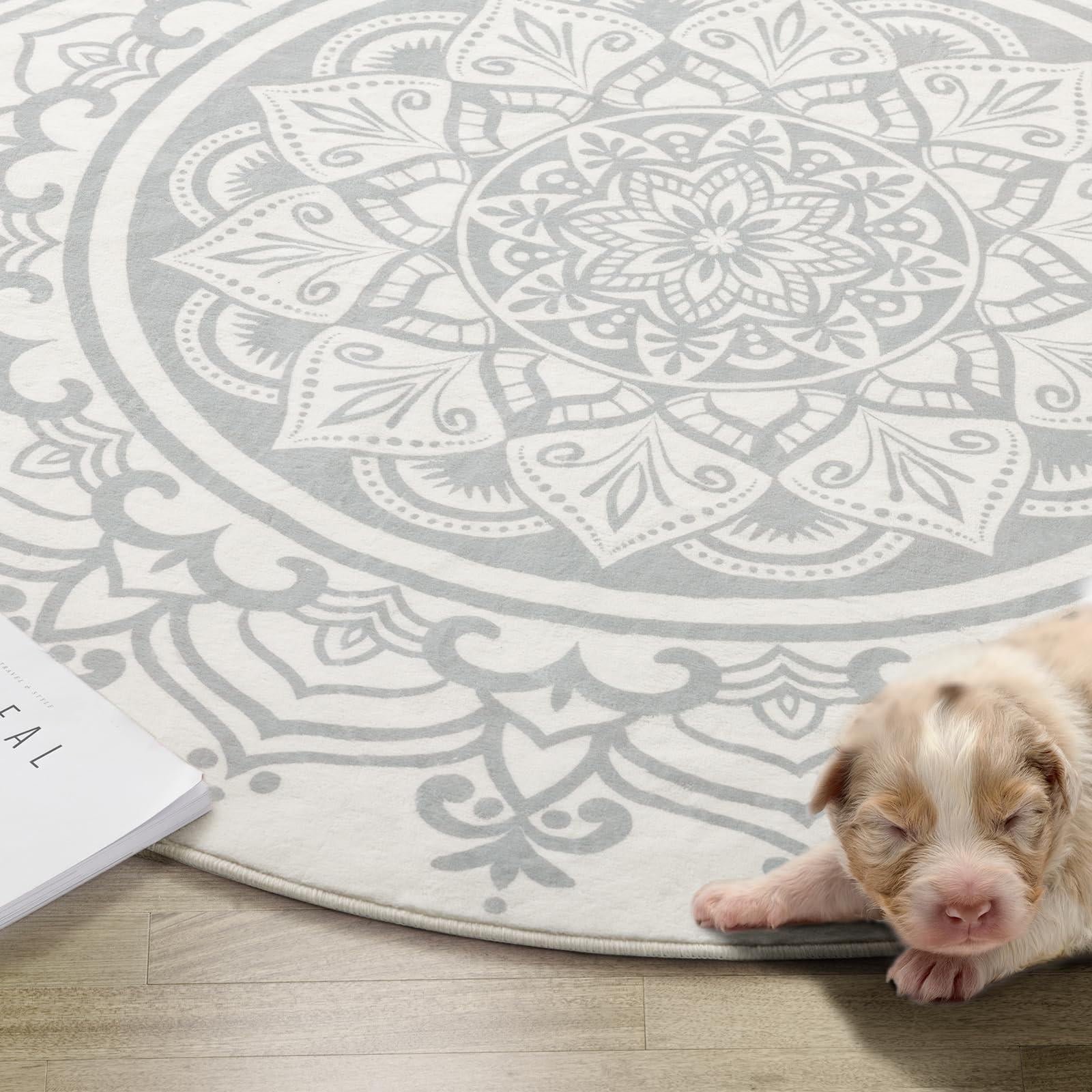 Carvapet Round Area Rug for Living Room, Non Slip Machine Washable Bathroom Rugs, Extra Soft Rugs for Bedroom, Boho Mandala Print Circle Rugs, 3ft Round Beige