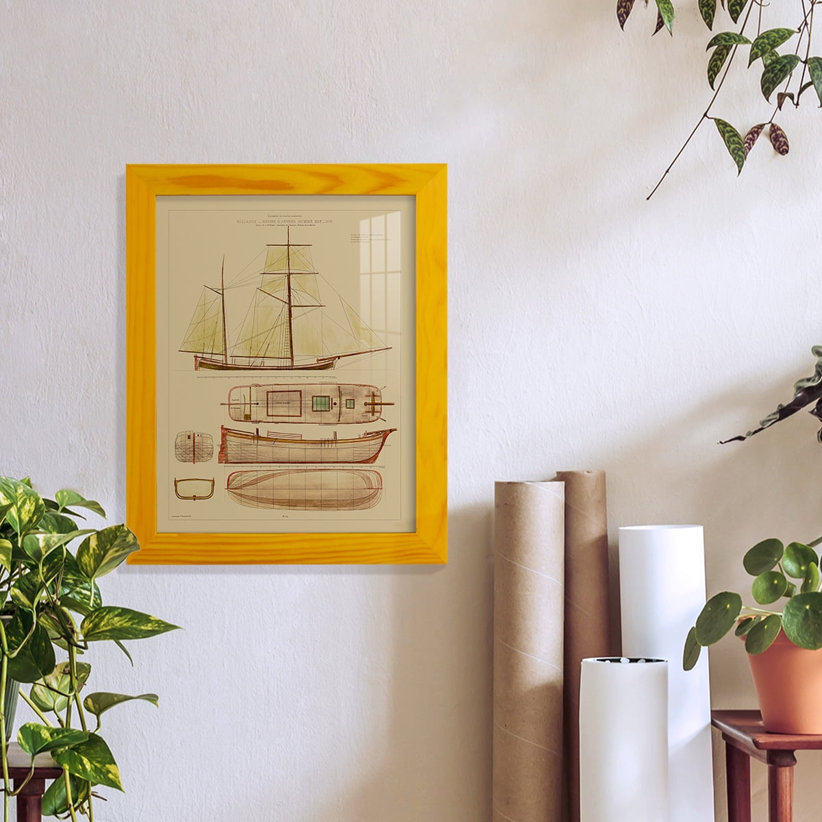 Antique Ship Plan IV -Framed Print w/glass-Sunflower Yellow