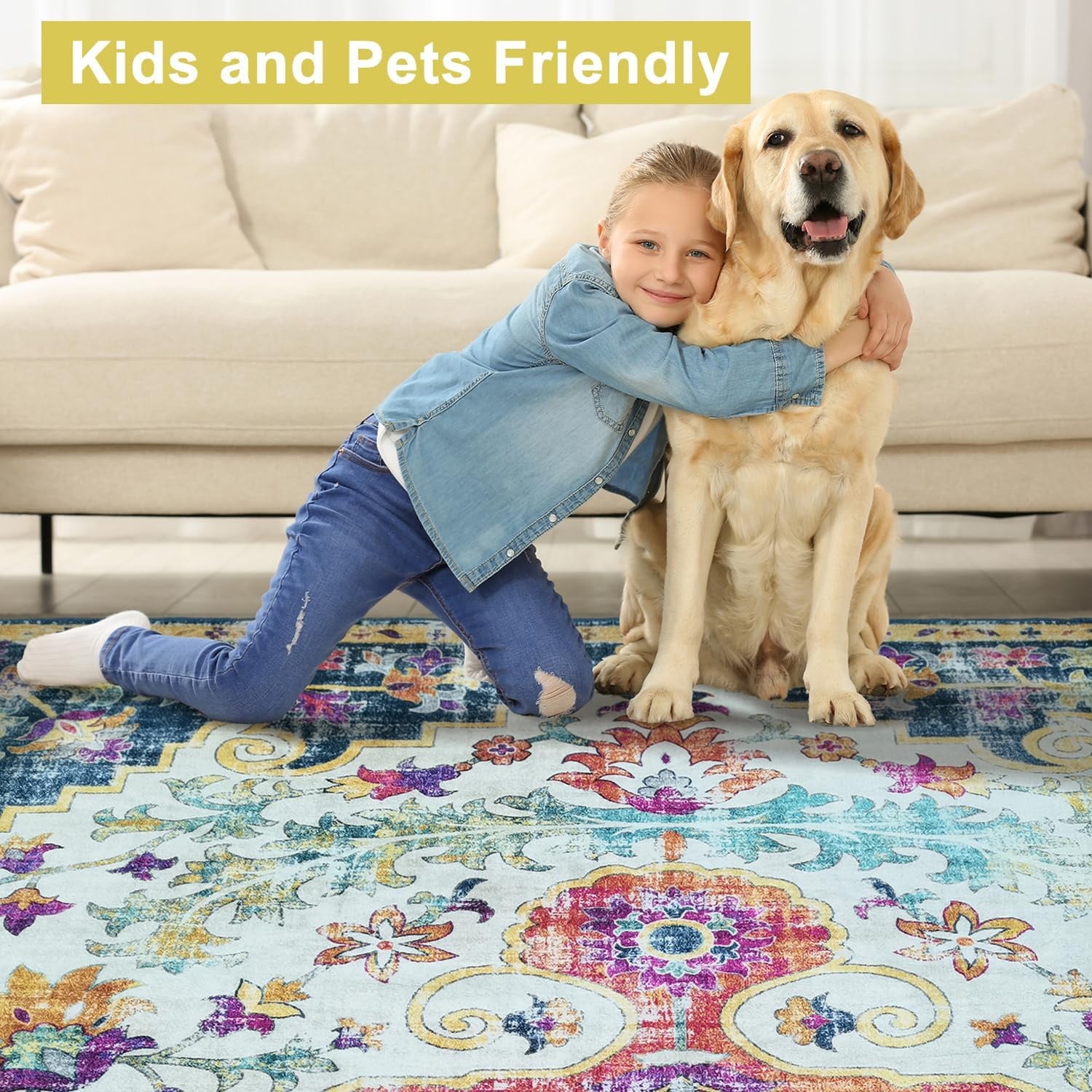 Mandala - Machine Washable Area Rugs 4 X 6 Ft, Stain Resistant Rug, Durable Polyester Material, Patterned & Colorful Rug, Bedroom & Living Room Rug, Room & Modern Home Decor - Blue