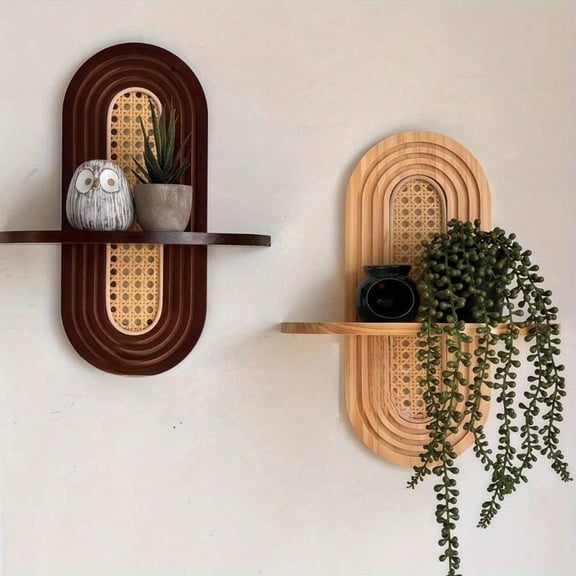 Arched Bohemian Floating Shelf Natural Wood Rattan Decorative Wall Shelf For Living Room Bedroom Bathroom Home Display