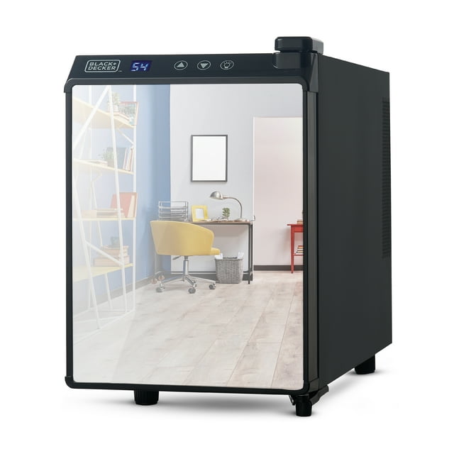 Bodega Termoeléctrica BLACK+DECKER para 6 Botellas Puerta de Vidrio Espejado con Detalles en Negro
