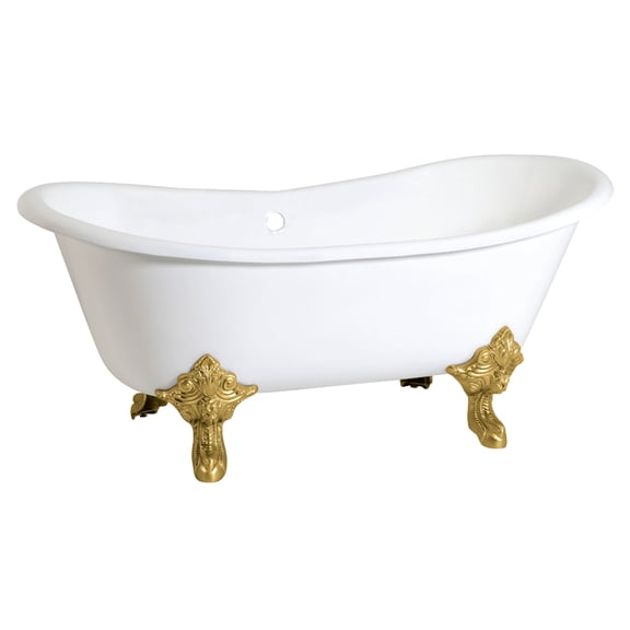 Aqua Eden VCTNDS6731NL7 67-Inch Cast Iron Oval Double Slipper Clawfoot Tub (No Faucet Drillings) in White/Brushed Brass
