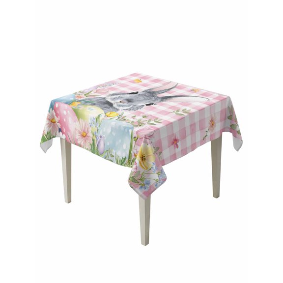 Easter Suqare Tablecloth - 60 x 60 Inch, Spring Rabbit Egg Botanical Flowers Leaf Pink Check Waterproof & StainResistant Tablecloth, Washable Oil-proof Table Cover for Dining/Party/Wedding/Buffet