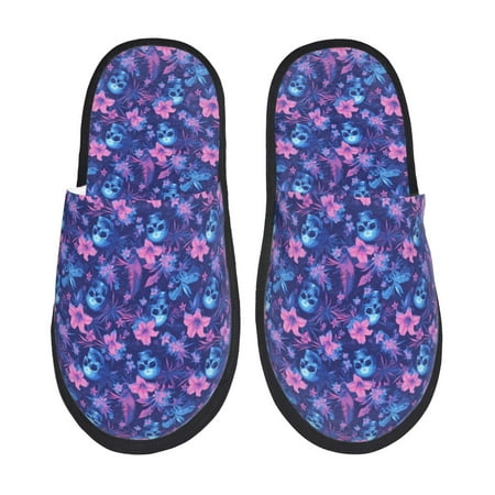 Balery Blue Skull Leaf Slient Indoor Furry Fleece Comfort House Shoes Soft Non-Slip Home Shoes Cotton slippers House Slippers-- Large