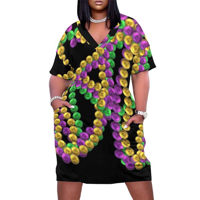 Collares trenzados de cuentas de Mardi Gras para mujer vestidos de vestido holgados con bolsillo púrpura verde y dorado fondo negro