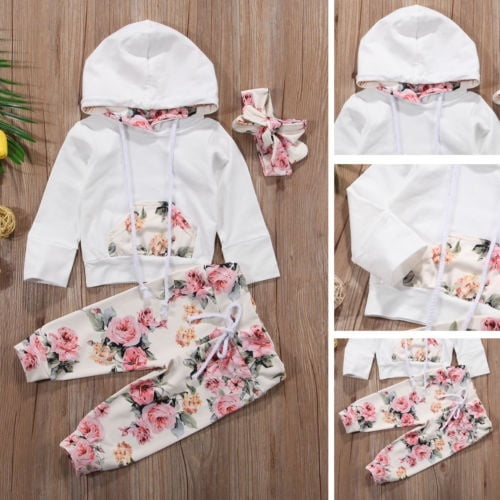 Newborn Kids Baby Girls Floral Hooded Tops T-Shirt Long Pants Outfits Tracksuit