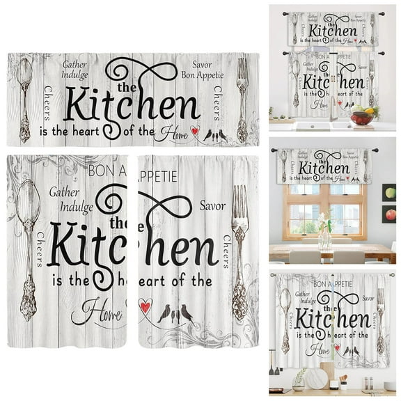 Zjunqe 3Pcs Farmhouse Rustic Kitchen Curtains Set Vintage Fork Spoon Retro Small Short Cafe Window Curtains Barn Country Wooden Wood Plank Rod Pocket Bathroom Tier Window Treatment Drapes