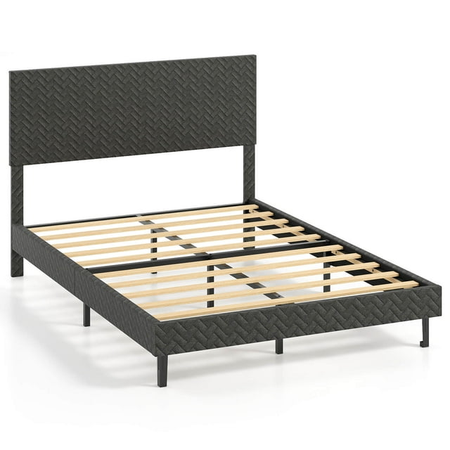 Costway Full Size Bed Frame with Height Adjustable Chevron Headboard, No Box Spring Needed Gray