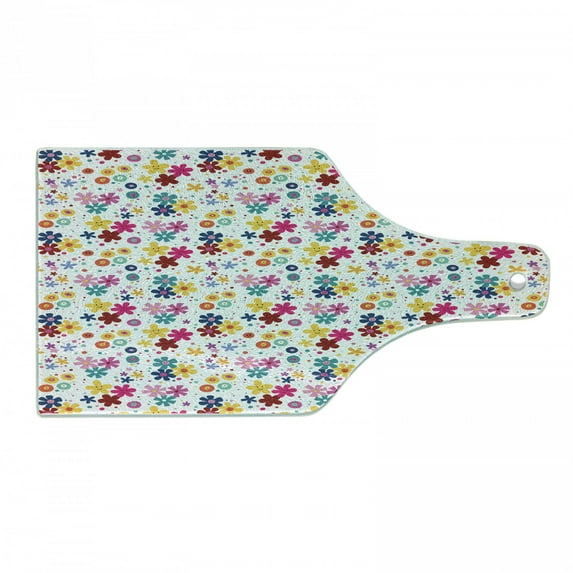 Floral Cutting Board, Colorful Floral Arrangement with Smiling Faces Dots and Circles Abstract Composition, Decorative Tempered Glass Cutting and Serving Board, in 3 Sizes, by Ambesonne