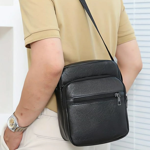 Bolso Bandolera Para Hombre, Bolso Mensajero De Piel Sintética, Bolso De Hombro Compacto Para El Día a Día, Bolsillo Seguro Con Cremallera, Correa Ajustable, Estilo Informal Elegante