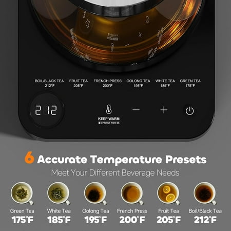 Electric Tea Kettle with Infuser 1.7L Glass Temperature Control Automatic Shut Off Warm for Tea Coffee Water Black