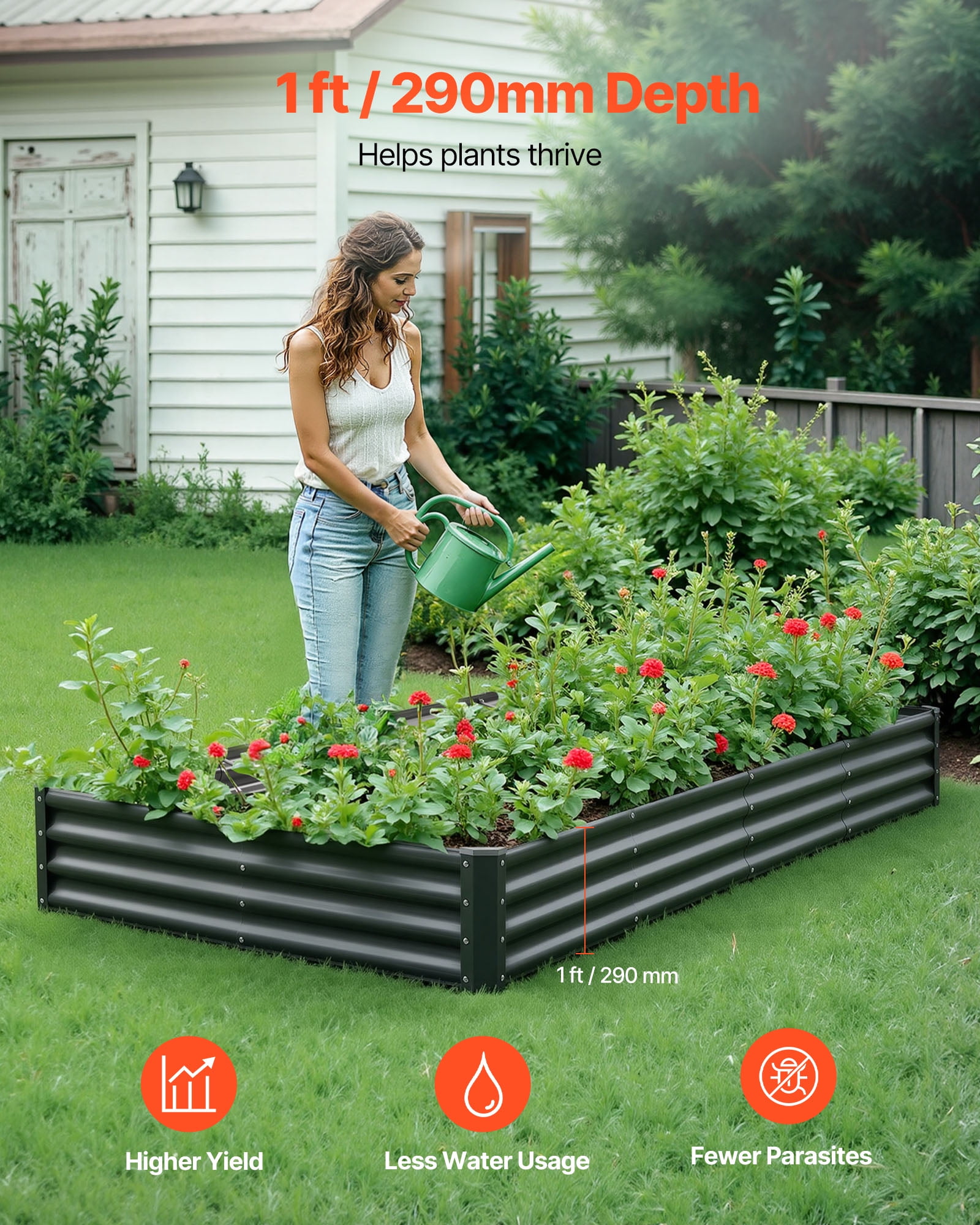 VEVOR Metal Raised Garden Bed, 8 x 4 x 1 ft Outdoor Galvalume Planter Garden Box, Open Bottom Design, Large Planter Raised Bed for Growing Vegetables, Flowers, Herbs, and Succulents, Dark Gray