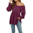 thumbnail image 4 of Seyurigaoka Women's V Neck Puff Long Sleeve Tunic Tops Casual Solid Color Smocked Cuffs Pleated Flare Babydoll Flowy Blouses Shirts, 4 of 7