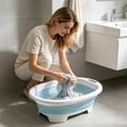 thumbnail image 4 of Medium Thickened Plastic Folding Laundry Tub Blue Round Collapsible Wash Basin, Textured Base Hanging Loop Raised Feet for Home Travel Dorm Hand Washing Vegetable Cleaning, 4 of 5