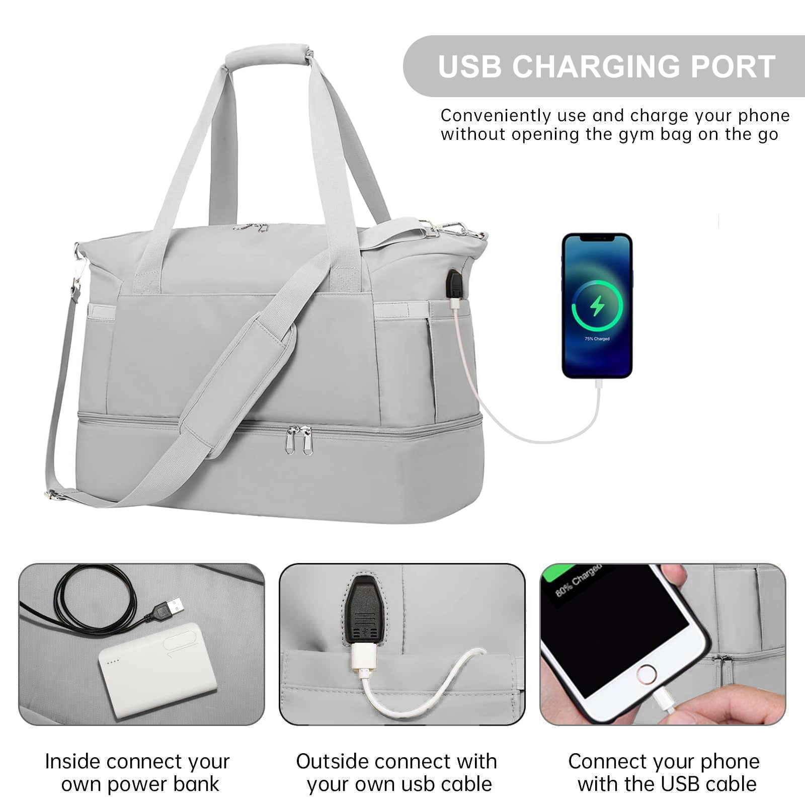 DAKIMOE Travel Duffel Bag for Women Gym Bag with USB Charging Port Large Weekender Overnight Bag Yoga Duffle Bags with Wet Pocket and Shoes Compartment, Gray