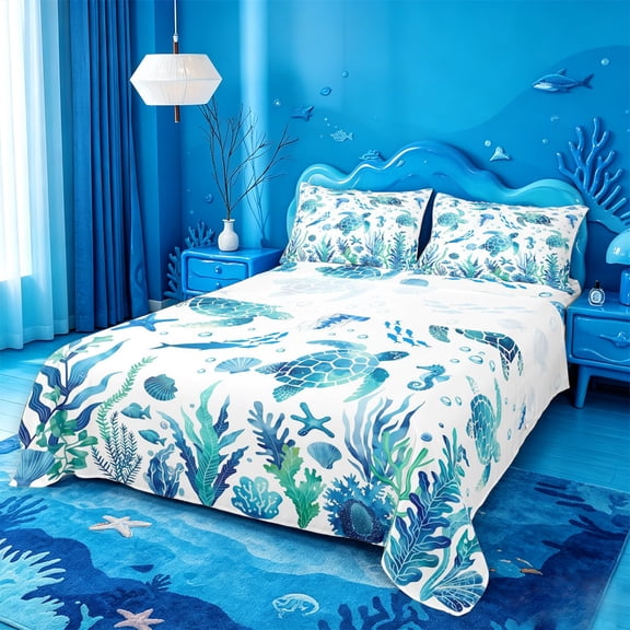meiyoeat Watercolor Sea Turtle Bed Sheets For Boys,Ocean Animal Starfish Full Size Sheets,4-Piece,1 Flat Sheet,1 Fitted Sheet and 2 Pillowcases