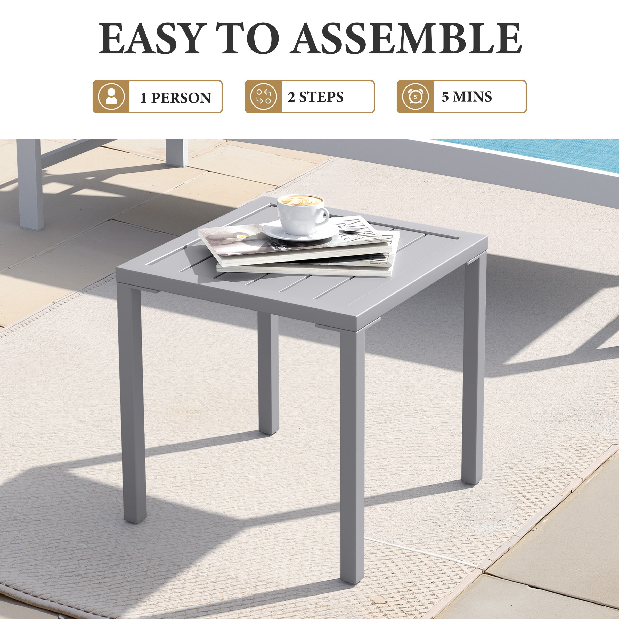 Crestlive Products 2-Pack 15.7" x 15.7" Outdoor Side Table, All-Weather Aluminum Square Patio End Table, Gray