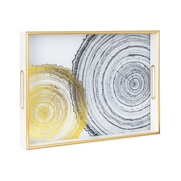 MAONAME White Decorative Tray, 15.7" X 11.8" Plastic Serving Tray with Handles, Printed Tree Ring Glass Tray, Rectangular Tray for Coffee Table, Ottoman