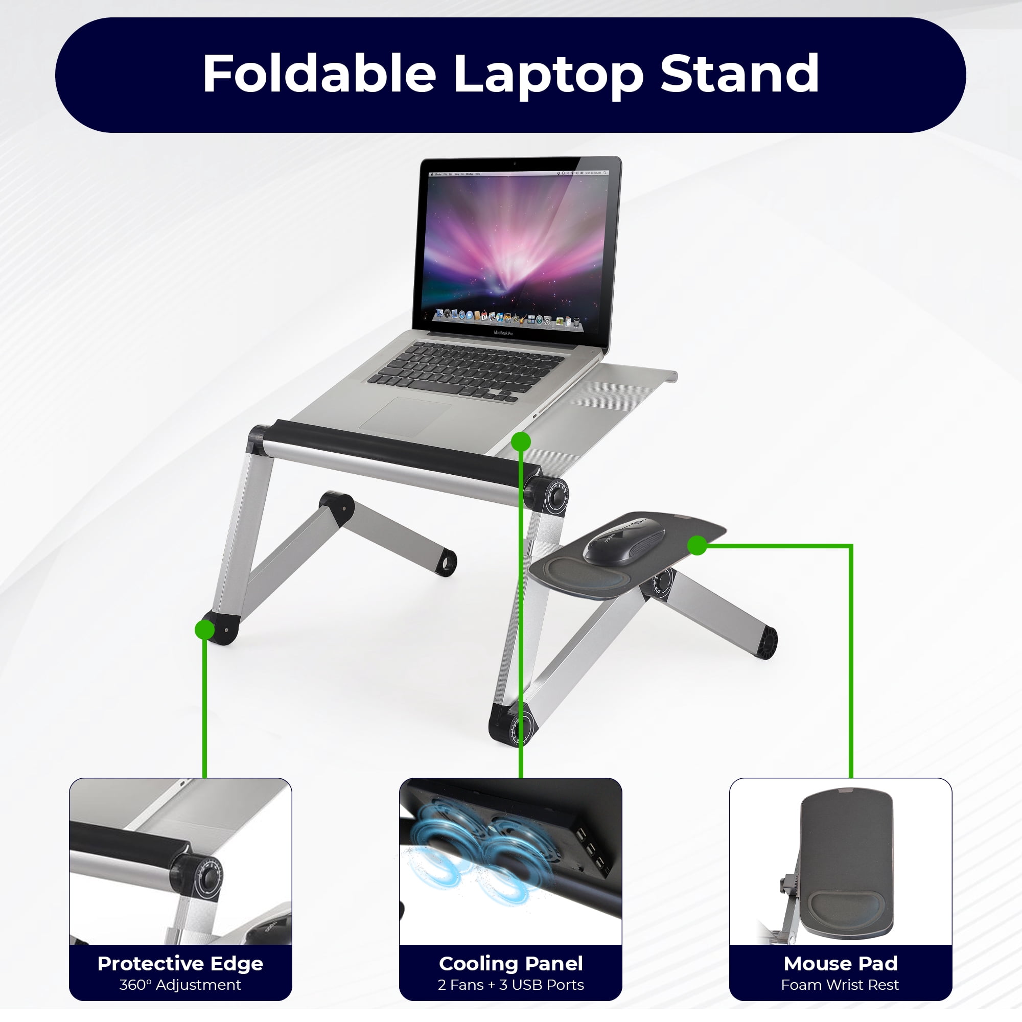 WorkEZ Cool Adjustable Laptop Cooling Stand with Dual Fans, 3 USB Ports & Mouse Pad – Portable Aluminum Laptop Desk for Bed, Couch, or Standing Workstation (Silver)