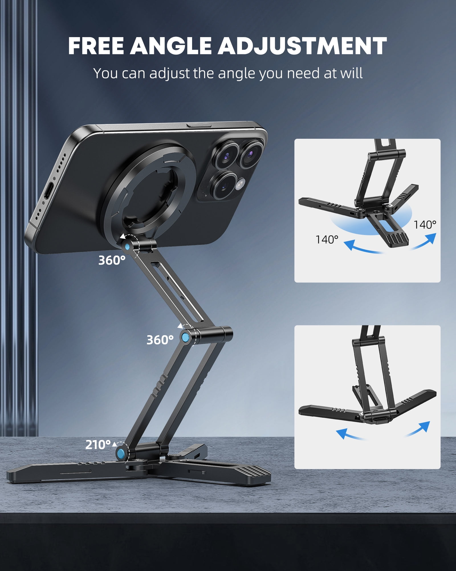 CAMOLO Magnetic Pocket Phone Tripod Foldable Compatible with Magsafe iPhone 16/15/14/13/12 Plus Pro Max Series, MG03 PRO Aluminium Smartphone Mini Tripod Cell Phone Stand Magnet Quick Mount
