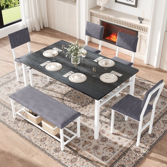 Legahome Dining Table Set for 6, 6 Piece Dining Set with Bench and Storage Rack, Metal Frame Kitchen Rectangular Table and Velvet Chairs Set for Dining Room, Blue Gray Table Top & Gray Chair