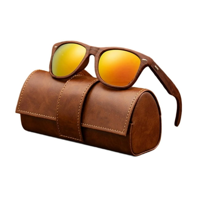 Gafas de clásicas con montura de madera y estuche para mujer y hombre, ideales para actividades al aire libre. Amarillo
