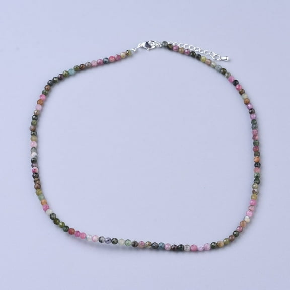 3pcs Tourmaline Beaded Necklaces with Brass Lobster Claw Clasps Faceted Round Beads 15.75 inch~16.14 inch(40~41cm)x3~3.5mm