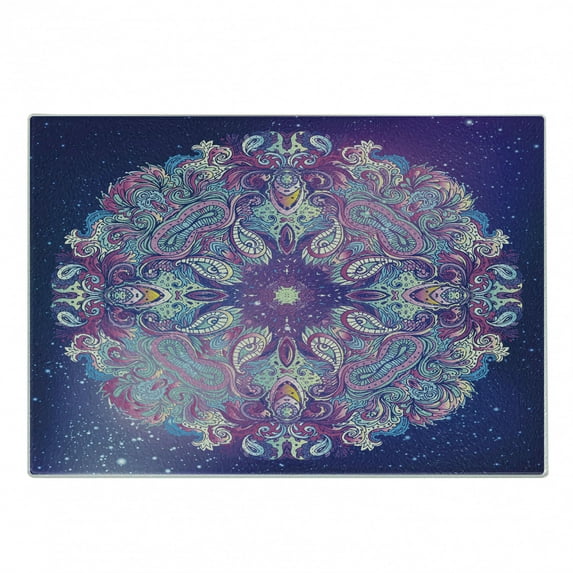 Ethnic Cutting Board, Yoga and Cosmos Theme Psychedelic Composition, Decorative Tempered Glass Cutting and Serving Board, Small Size, Pale Pink Purple, by Ambesonne