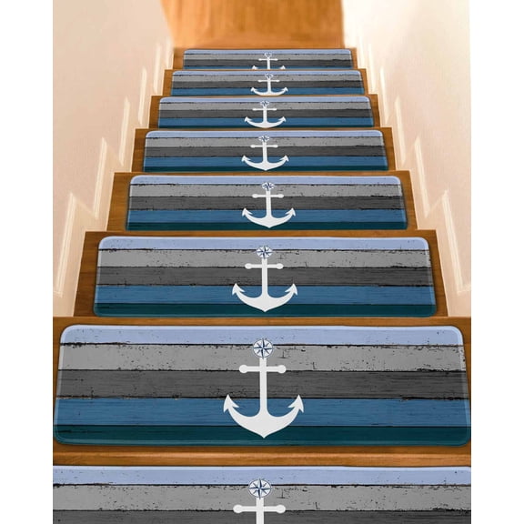 Stair Treads for Wooden Steps, Blue Nautical Anchor Peel and Stick Stair Treads with Adhesive, Rustic Distressed Wood Grain Non Slip Indoor Stairs Runner Rugs Mats for Elders Dogs 8"x30"10PCS
