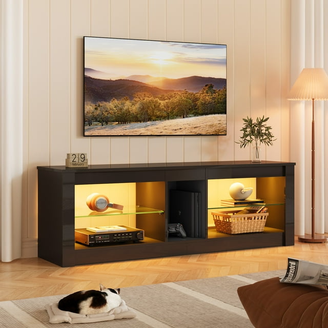 Bestier TV Stand for TVs up to 60" Entertainment Center with LED Lights Storage Shelves Modern High Gloss Console Table, Black