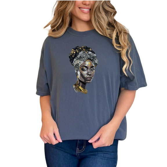 African American Woman Art T-Shirt, African Style Graphic Tee, Afrocentric Fashion Shirt, Colorful Headwrap Design, Cultural Artwear Top, Denim Comfort Colors T-Shirt, Small