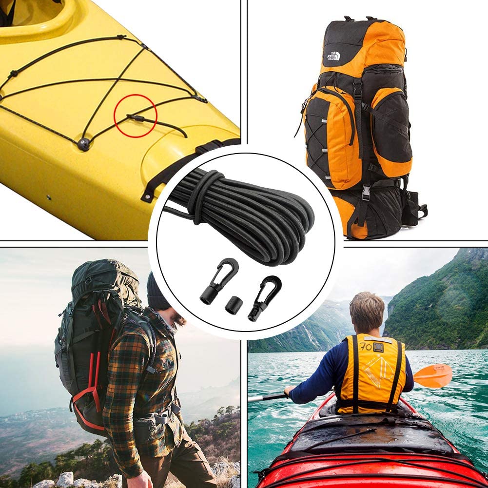 1/4" Elastic Bungee Cord Kayak Stretch String Shock Cords Rope with Bungee Shock Cord Hooks for Kayak Boat Camping Accessories Indoor&Outdoor Activities (20 Hook & 52.50 Ft Cord)