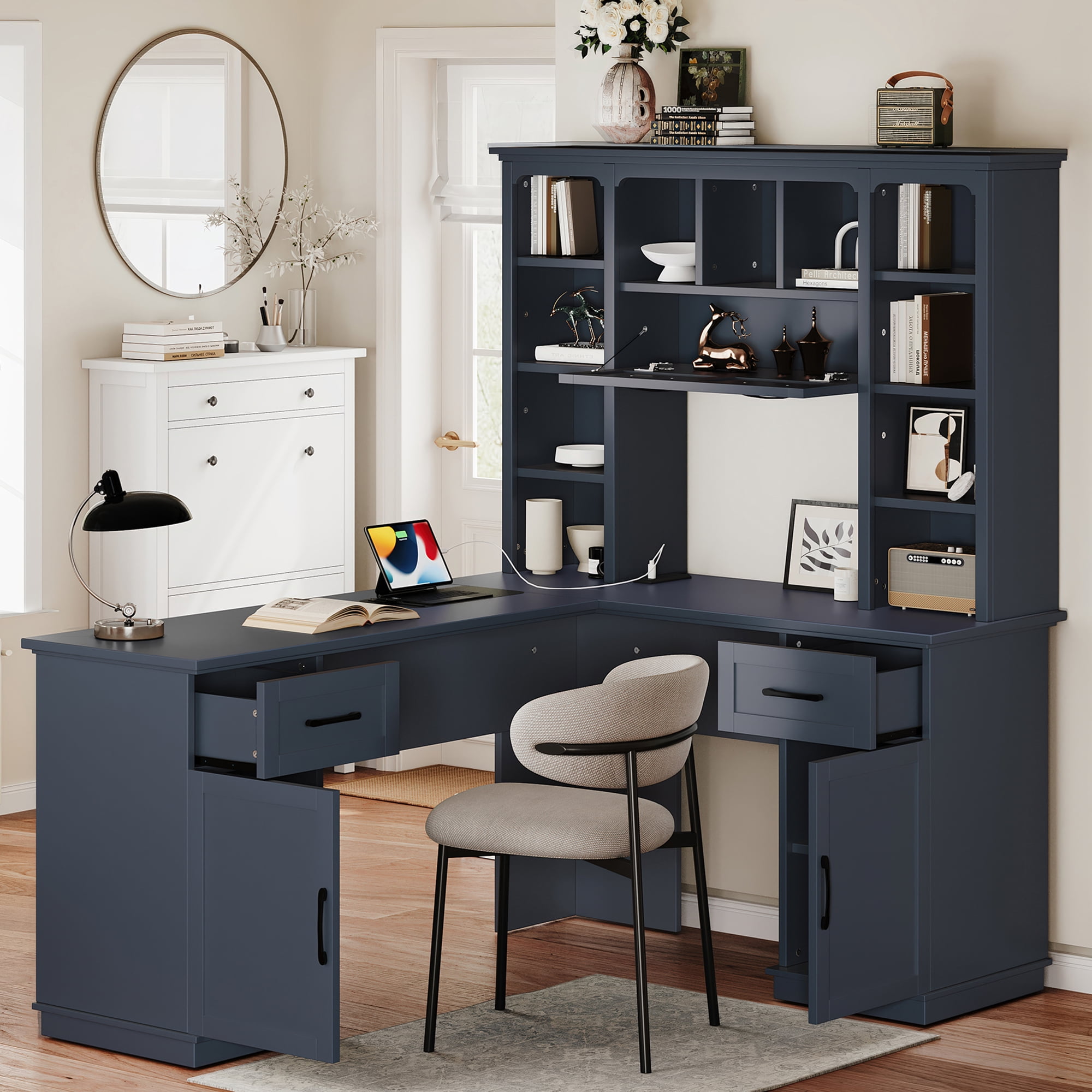 MDQMD Modern L-Shaped Blue Office Desk with Drawer and Shelves,Computer Desk with Storage for Study, Office