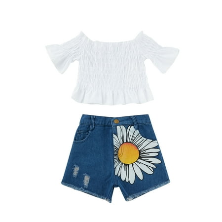

TheFound 2Pcs Toddler Baby Girls Sleeveless Off Shoulder Shirt Tops+Denim Jeans Shorts Sunflower Summer Clothes