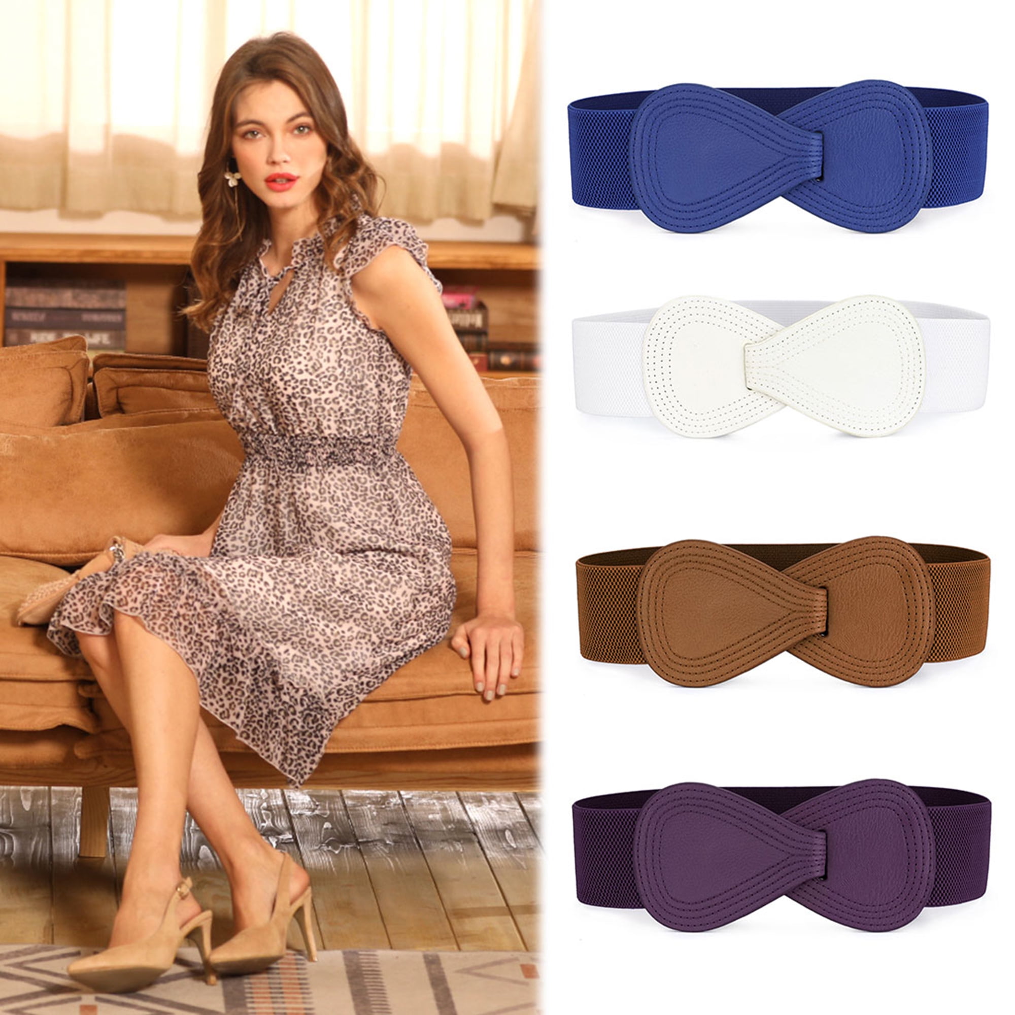 DARING DIVA Women's Plus Buckle Faux Leather Waist Belt 2 Pcs 39.4"x2.36" White
