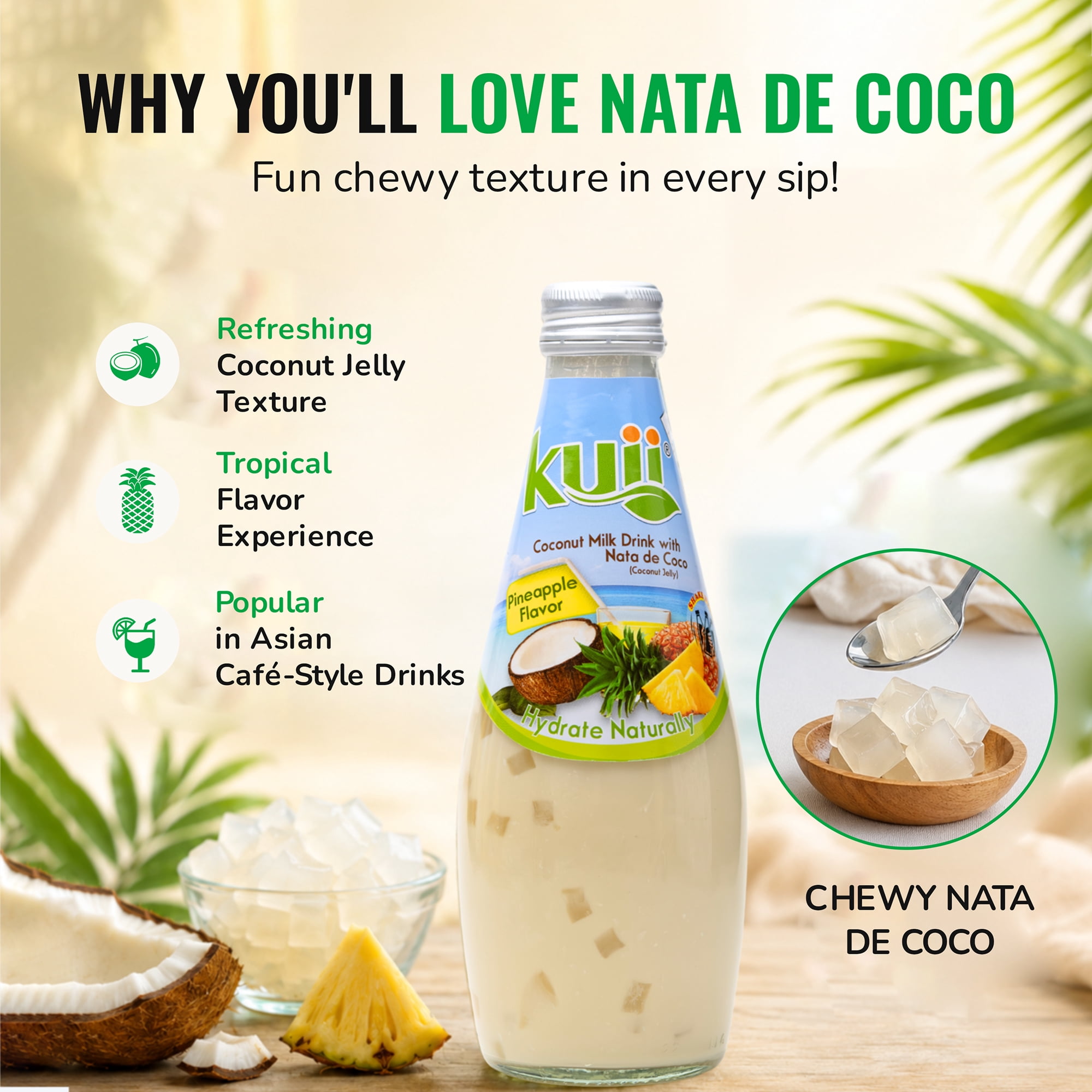 (7 pack) Kuii Drinks Coconut Milk with Nata de Coco, Pineapple, 290 mL Single Glass Bottle