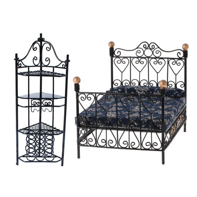 Estilo Retro Europeo 1/12 Muebles en Miniatura Juego de Estante de Almacenamiento de Cama Doble para Decoración de Es Zulema Cama en miniatura de la casa de muñecas