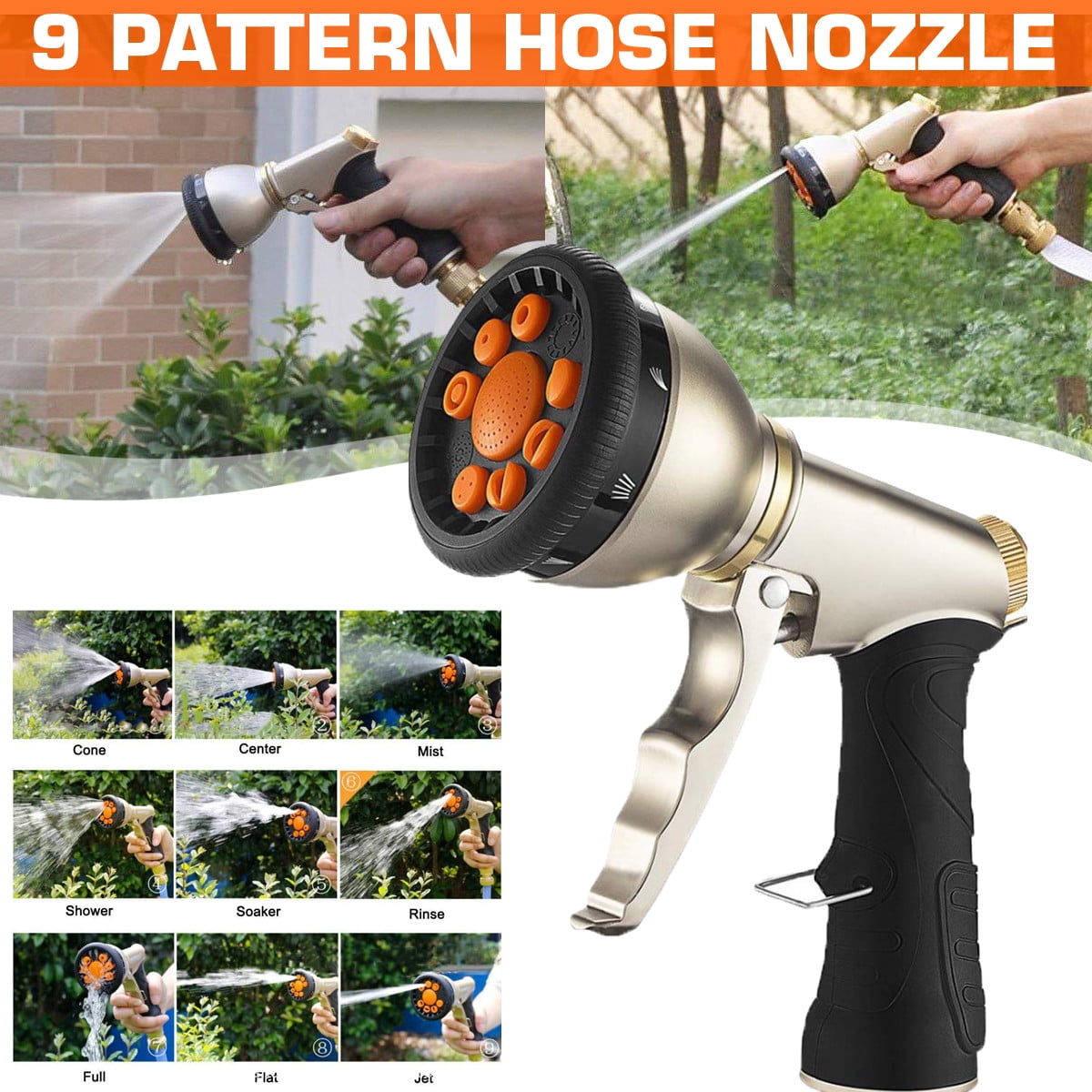 Garden Hose Nozzle Sprayer – Heavy Duty Metal Spray Gun, 9 Adjustable