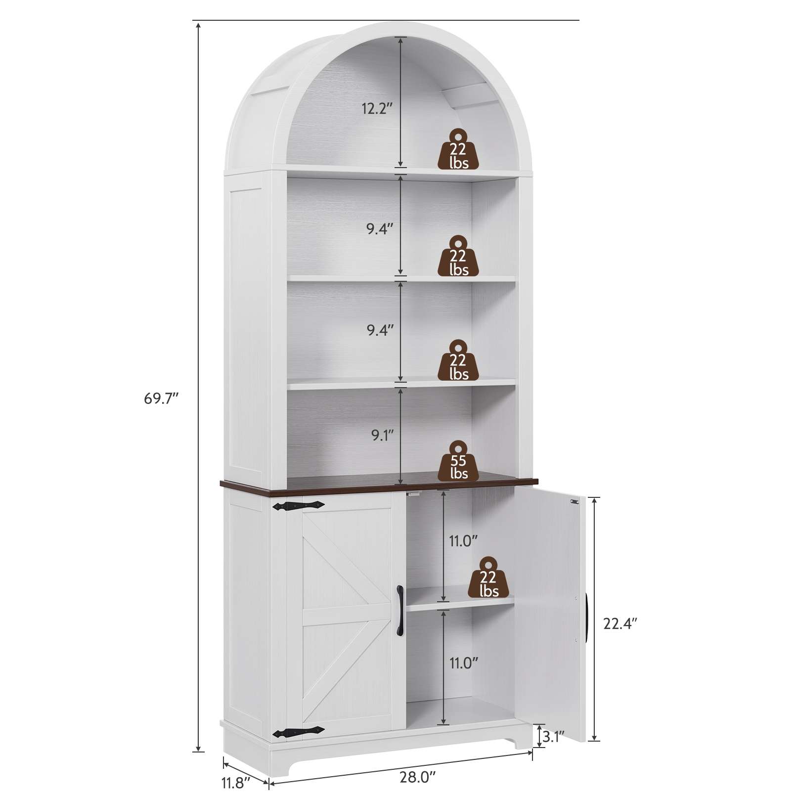 Vividwood Farmhouse Arched 6-Tier Bookshelf Bookcase with Doors, Tall Storage Cabinet, White