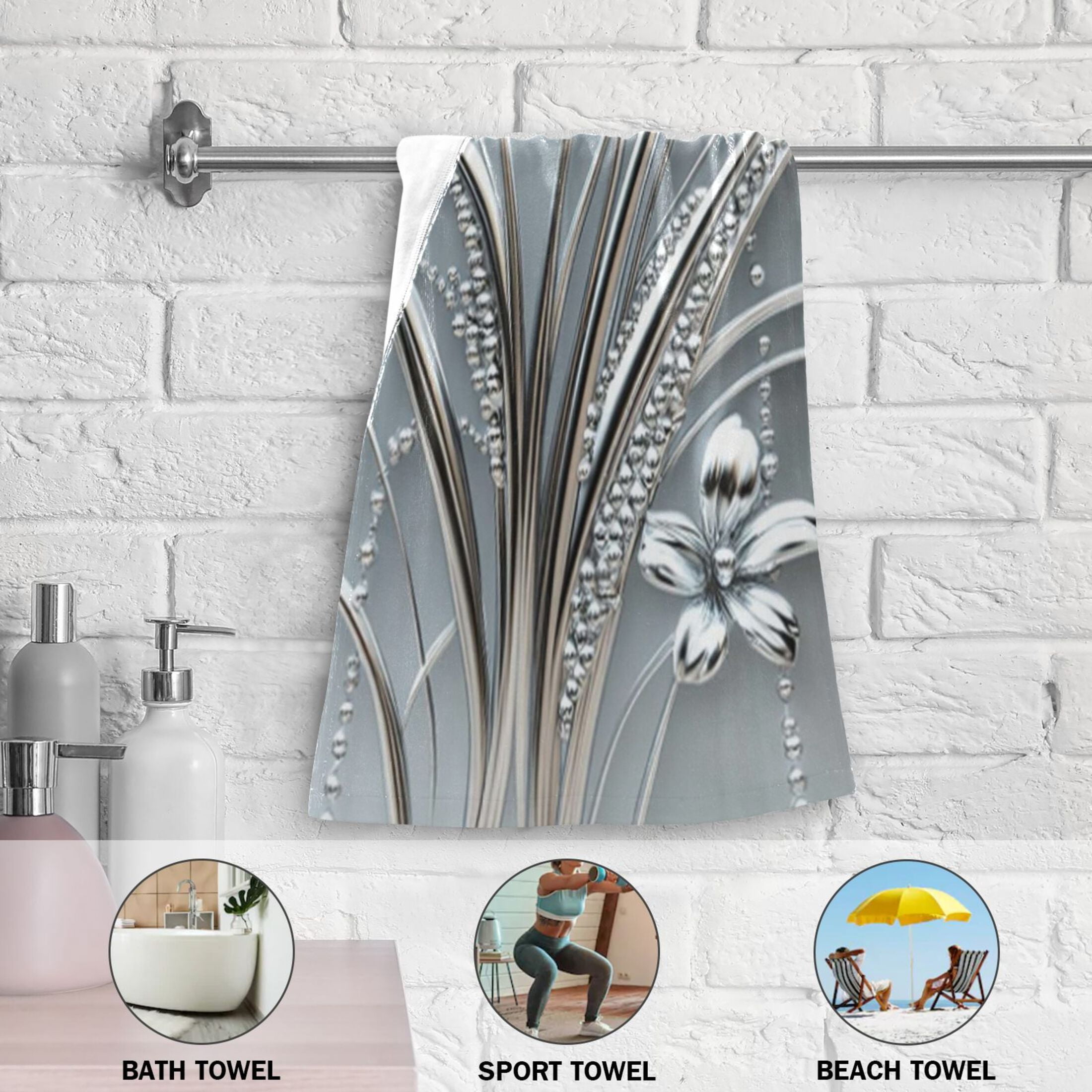 2-Piece Polyester cotton Towel Set Absorbent Grey Metal Silver Flower Leaf Hand Towel Bath Towel Soft and Comfortable Machine Wash 28.3x14.4